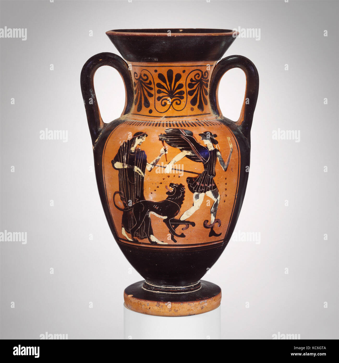 Terracotta neck-amphora (jar), Archaic, ca. 500 B.C., Greek, Attic, Terracotta; black-figure, Height: 8 7/8 in. (22.5 cm), Vases Stock Photo