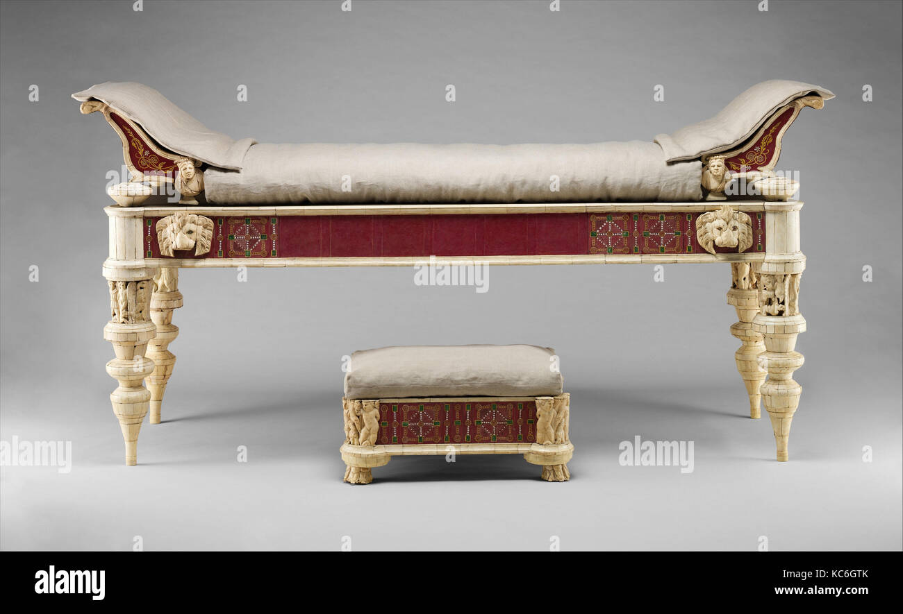 Couch and footstool with bone carvings and glass inlays, 1st–2nd century A.D Stock Photo