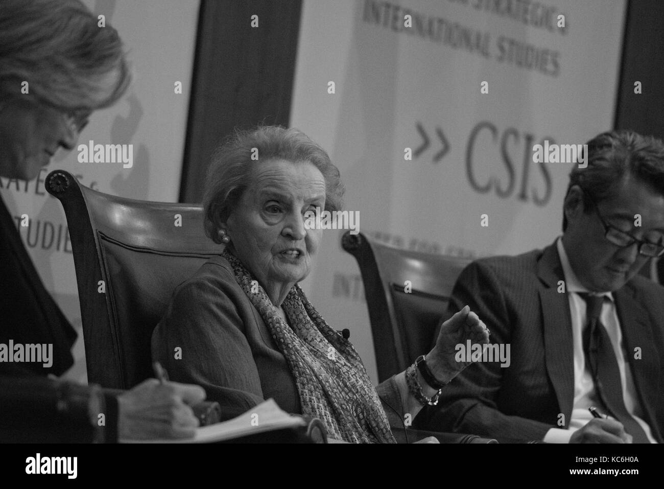 Madeleine Albright CSIS - DC. (left) Kang, Kyung-wha, Minister Foreign Affairs (r)Victor D. Cha,Senior Adviser and Korea Chair, CSIS; Stock Photo