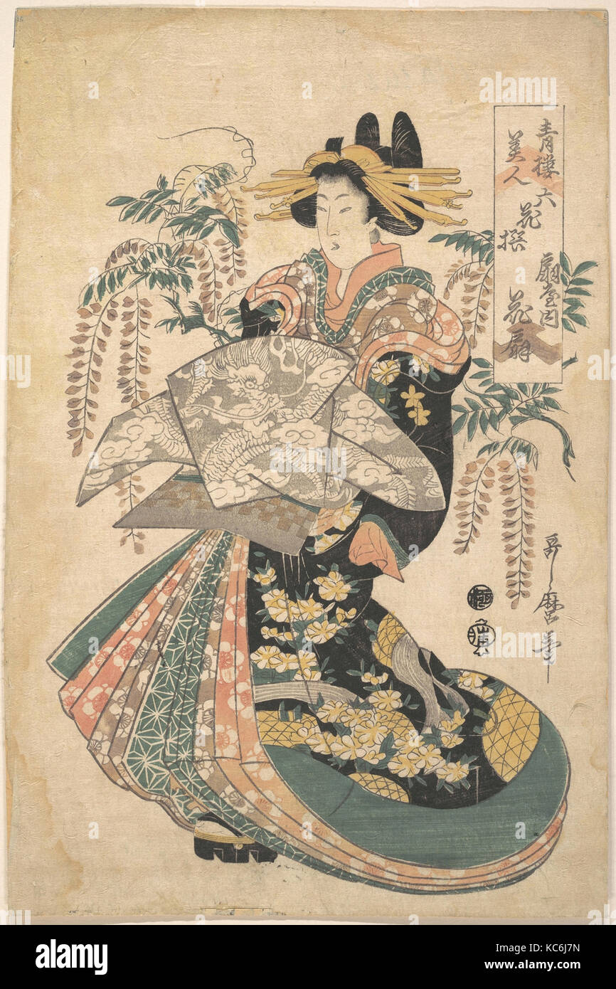 青楼美人六花撰扇屋内花扇 A Courtesan With Wisteria On The Background Utamaro Ii Stock Photo Alamy
