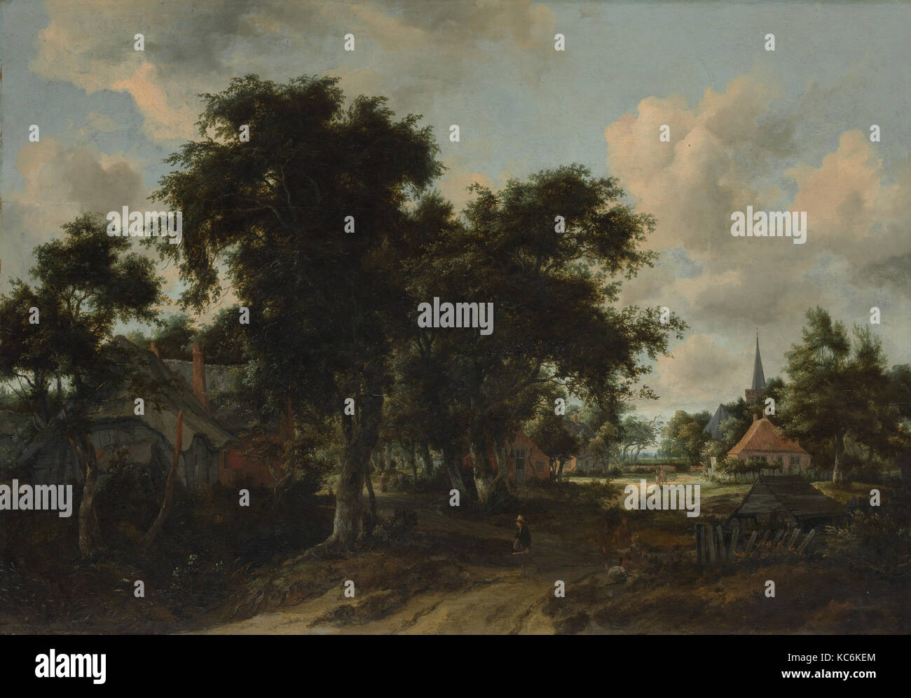 Entrance to a Village, ca. 1665, Oil on wood, 29 1/2 x 43 3/8 in. (74.9 x 110.2 cm), Paintings, Meyndert Hobbema (Dutch Stock Photo