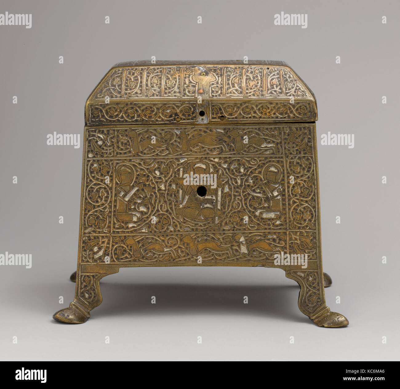 Casket with Figural Imagery, mid-13th century, Attributed to Iran, Brass; worked metal sheet inlaid with silver, H. 5 1/2 in. (1 Stock Photo