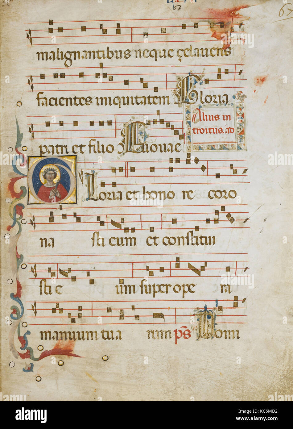 Manuscript Leaf with a female saint (possibly Dorothy) in an Initial G, from a Gradual, Attributed to the Illustratore, ca. 1330 Stock Photo