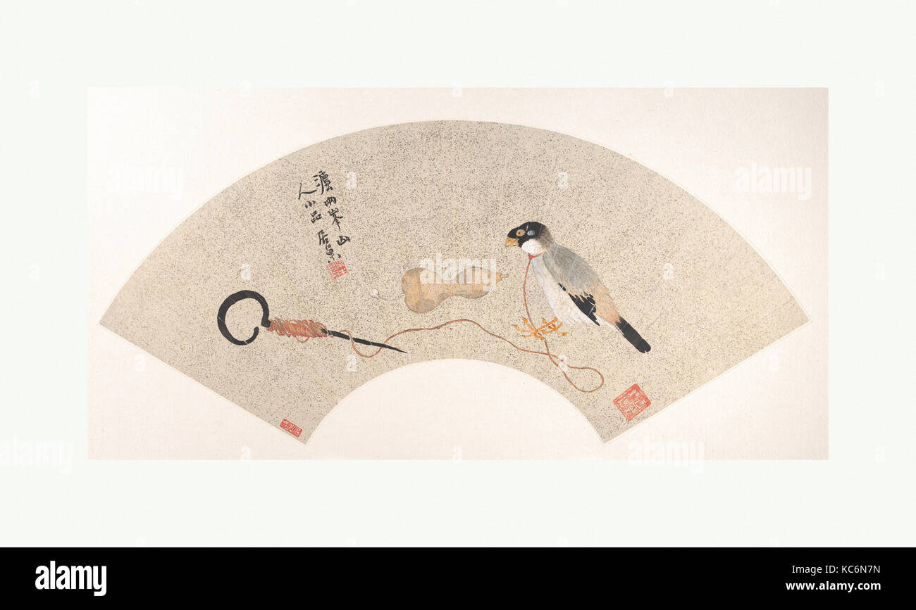 清, 居巢, 鳥圖, 扇面, Bird, Qing dynasty (1644–1911), China, Folding fan mounted as an album leaf; ink and color on gold-flecked, paper Stock Photo