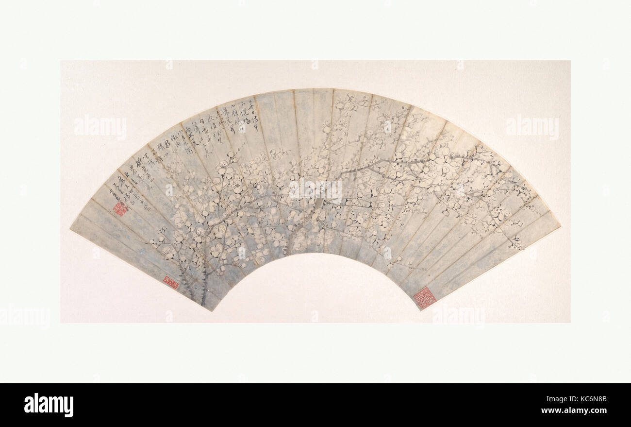 清, 金?, 梅花, 扇面, Plum, Qing dynasty (1644–1911), dated 1886, China, Folding fan mounted as an album leaf; ink and color on alum Stock Photo