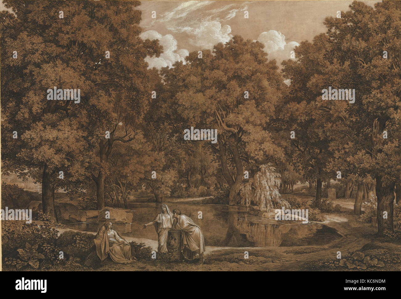 Arcadian Landscape with Three Figures at a Lake, Johann Christian Reinhart, 1792 Stock Photo