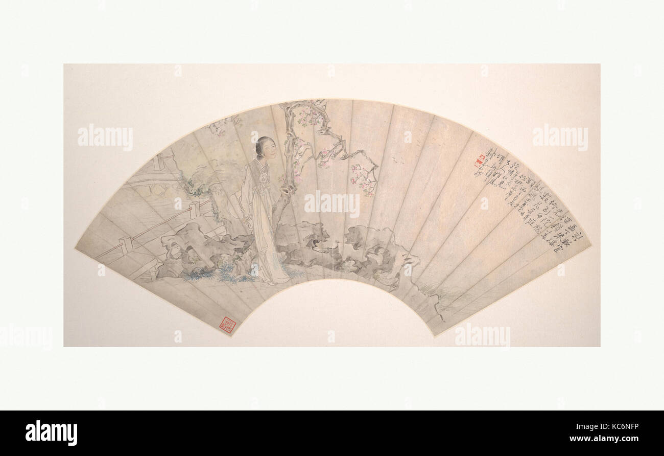 清, 錢慧安, 仕女, 扇面, A Beauty, Qing dynasty (1644–1911), dated 1876, China, Folding fan mounted as an album leaf; ink and color on Stock Photo