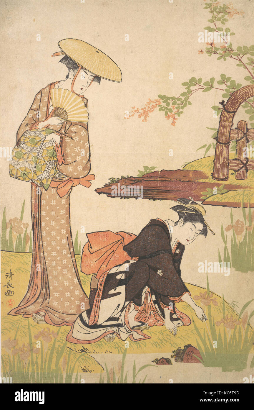 The Iris Garden, Edo period (1615–1868), ca. 1784, Japan, Polychrome woodblock print; ink and color on paper, H. 14 1/2 in. (36 Stock Photo