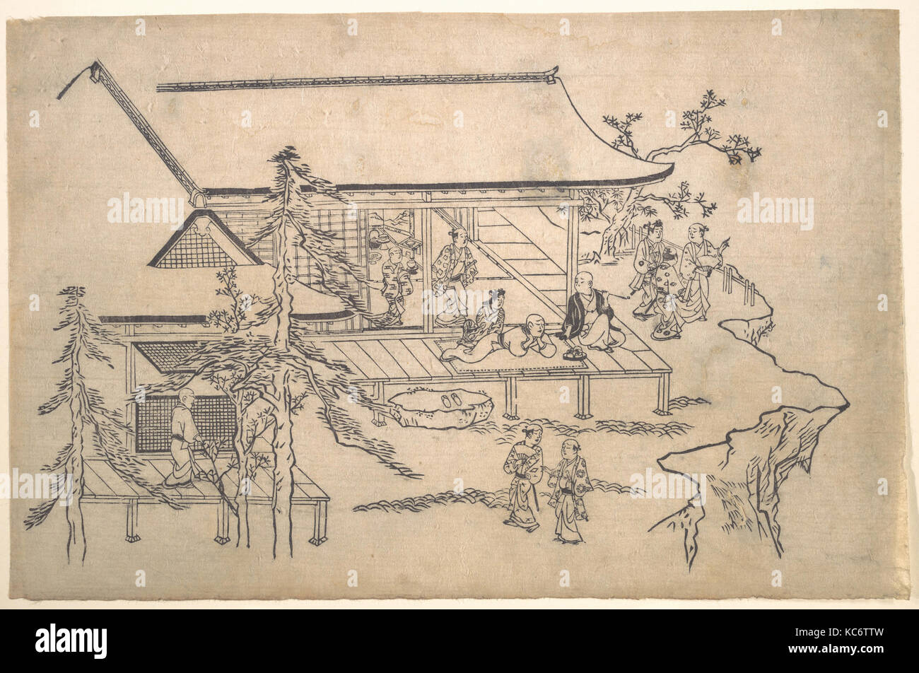 Flower-Viewing Scene, Edo period (1615–1868), ca. 1685, Japan, Monochrome woodblock print (sumie); ink on paper, 11 x 16 1/4 in Stock Photo