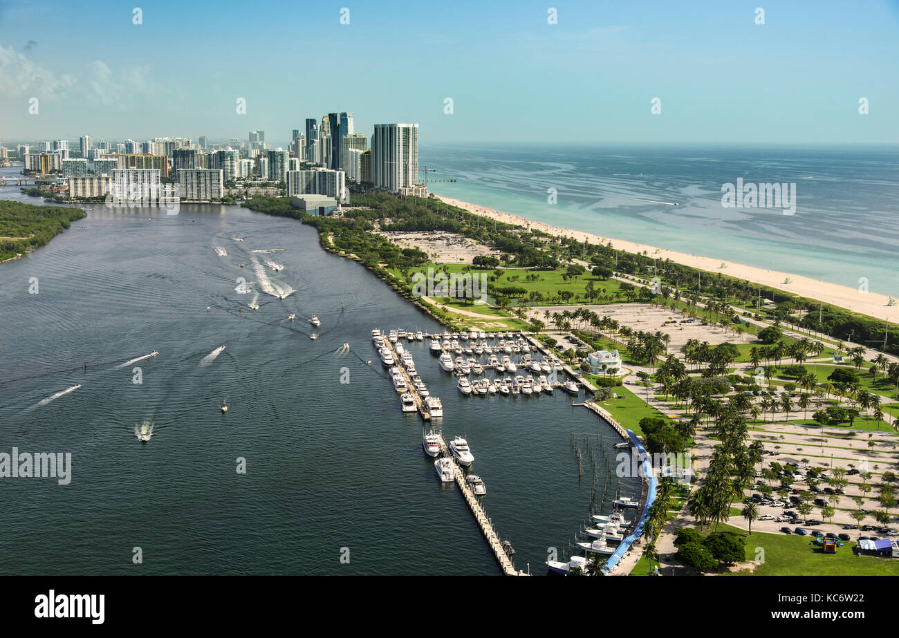 USA, Florida, Miami, Aerial view of city and sea Stock Photo