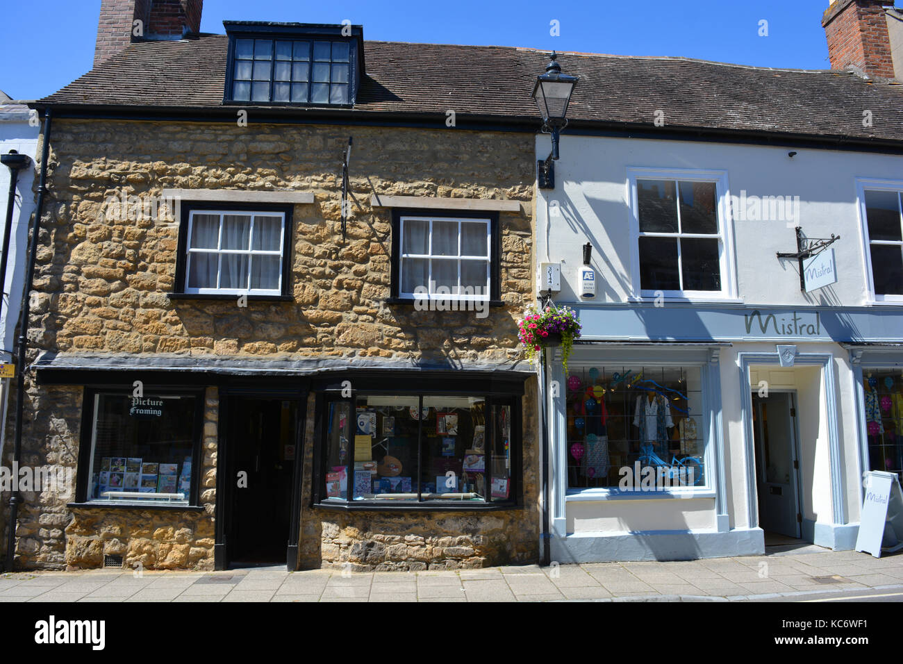 Shops on Cheap Street, the main shopping street in Sherborne, Dorset