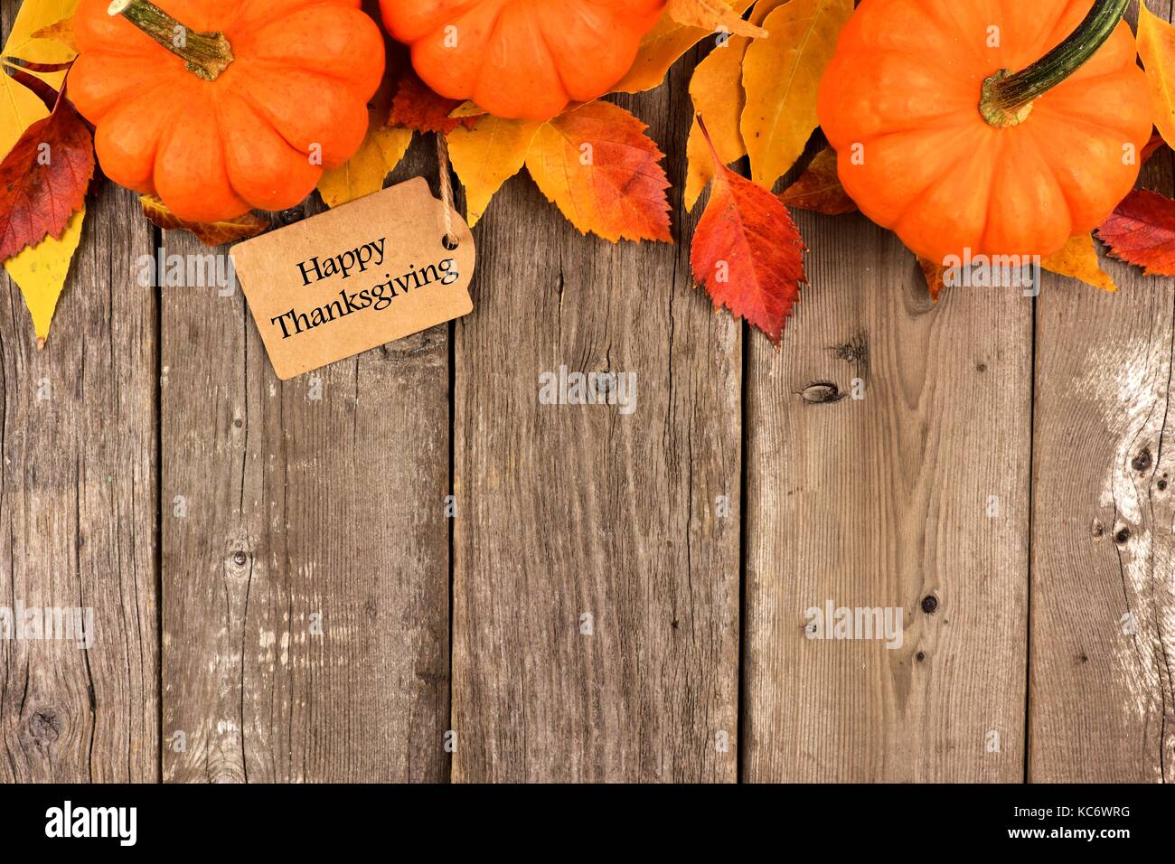 Happy Thanksgiving gift tag with top border of pumpkins and autumn leaves over a rustic wood background Stock Photo
