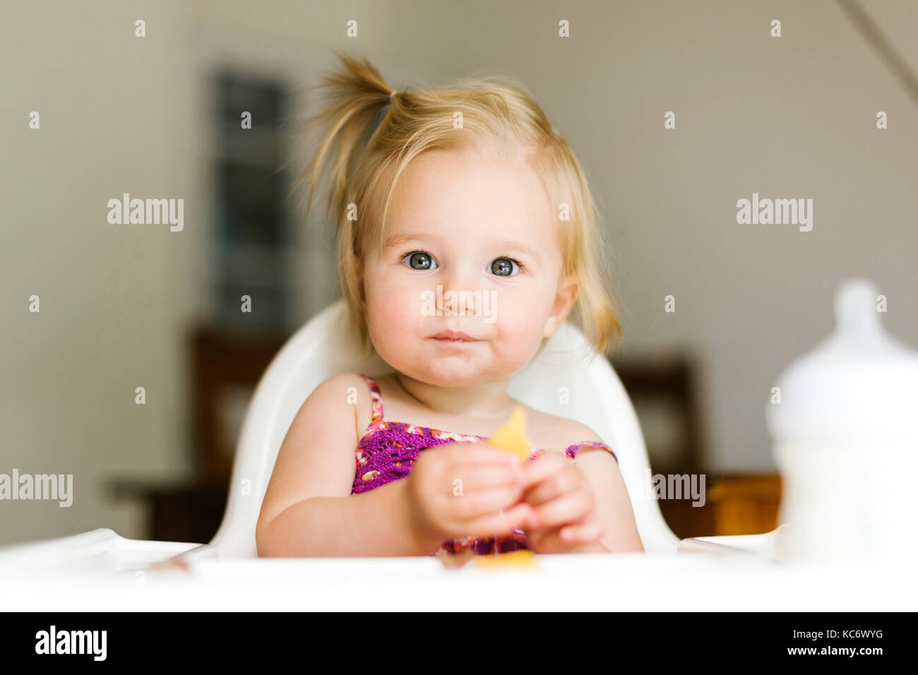 Portrait of baby girl (12-17 months) eating lunch Stock Photo