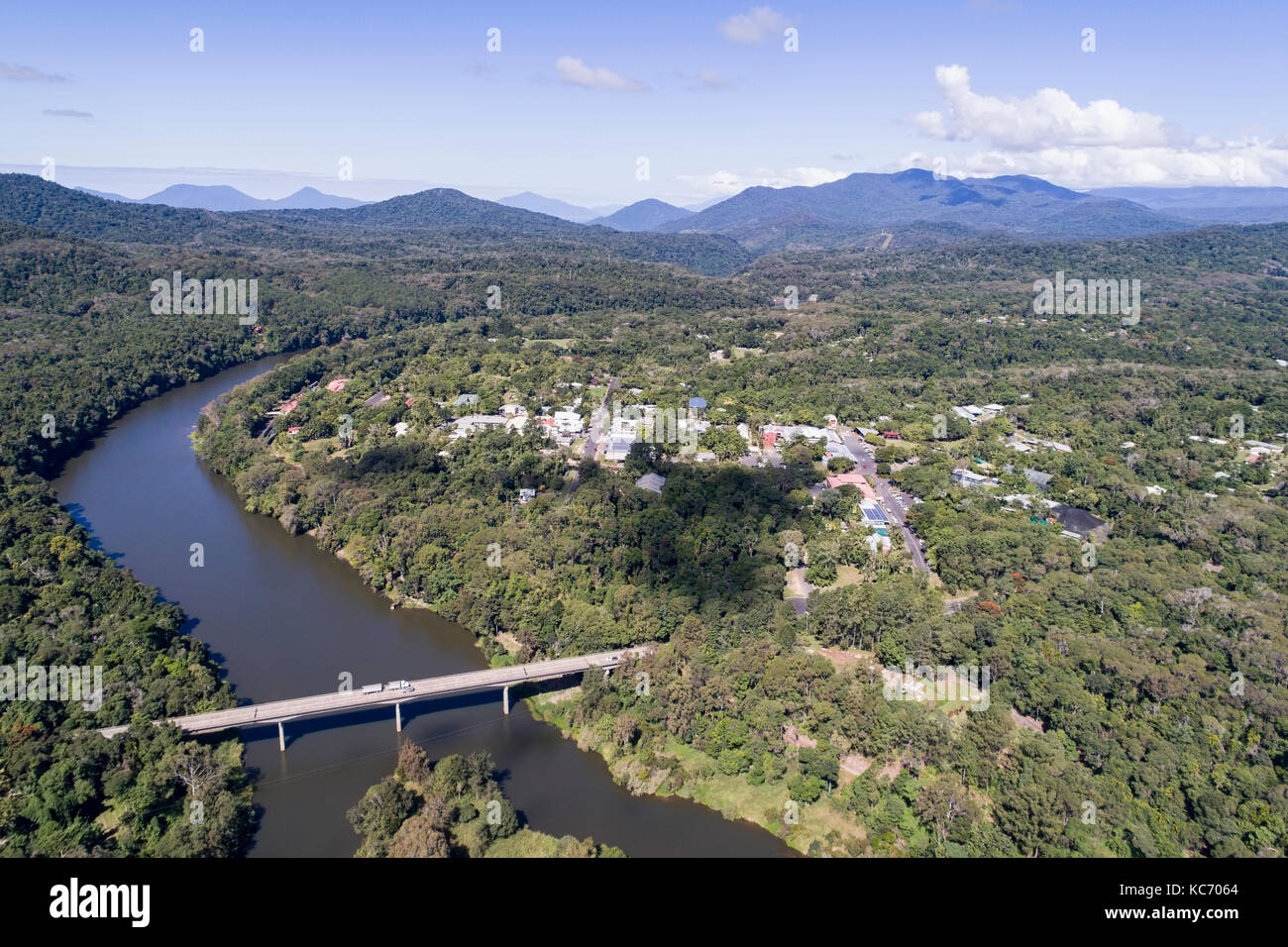 Australia, Queensland, Landscape with bridge and mountain range in background Stock Photo