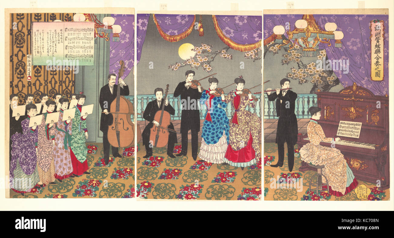 Concert of European Music (Ōshū kangengaku gassō no zu), 『欧州管絃楽合奏之図』, Meiji period (1868–1912), 1889, Japan, Triptych of Stock Photo