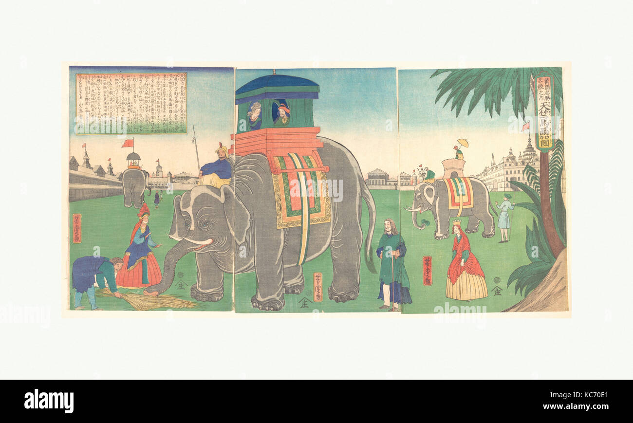 Tenjiku maru no zu, A View of Indian Elephants, Utagawa Yoshitora, 6th month, 1863 Stock Photo