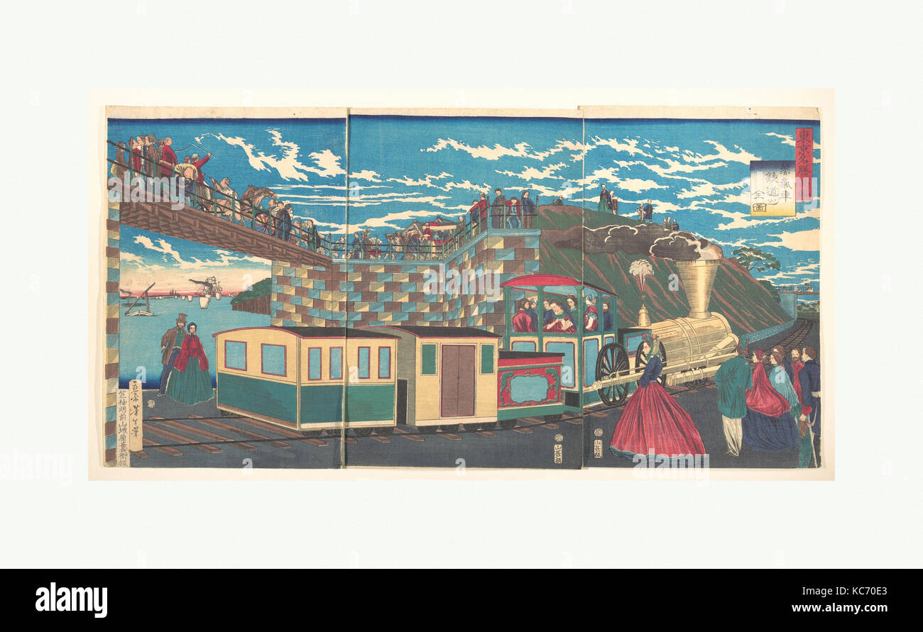 東京名勝高輪　蒸気車鉄道之全図, Illustration of Steam Locomotive Tracks at Takanawa, from the series Famous Places in Tokyo (Tōkyō meishō Stock Photo