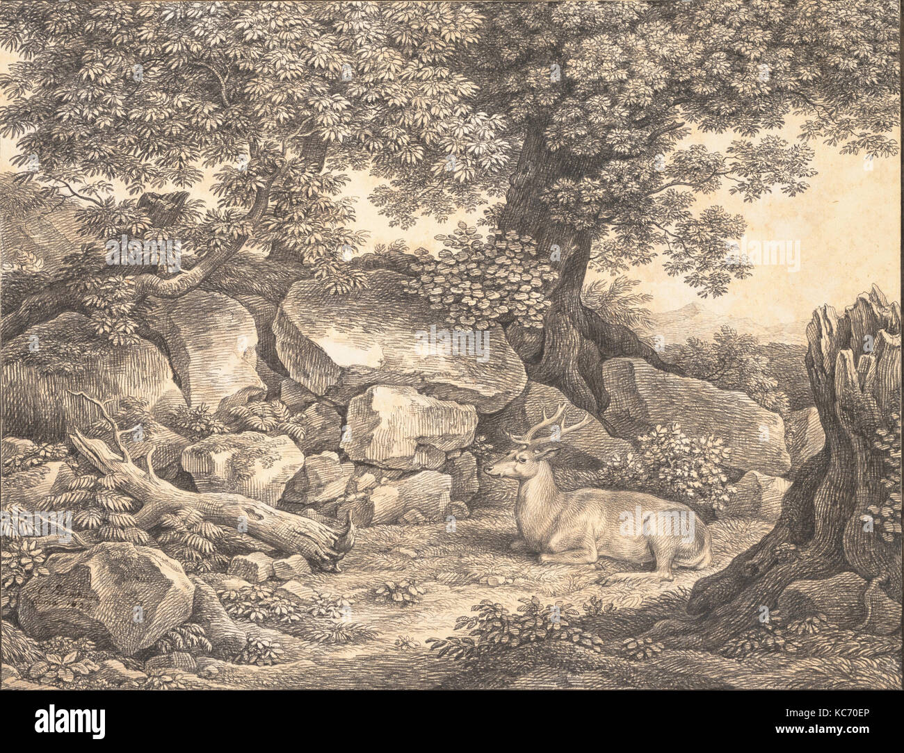 Italian Landscape with Trees, Rocks and a Resting Deer, Johann Christian Reinhart, 1824 Stock Photo