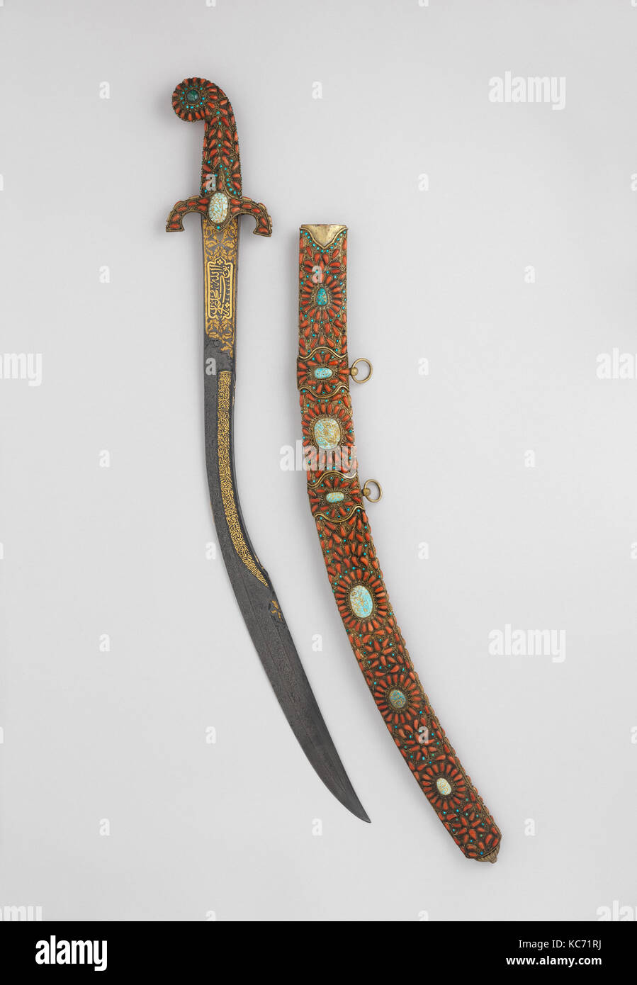 Sword (Kilij) with Scabbard, 19th century, Turkish, Steel, wood, turquoise, coral, emerald, gold, L. 35 1/2 in. (90.2 cm), Sword Stock Photo