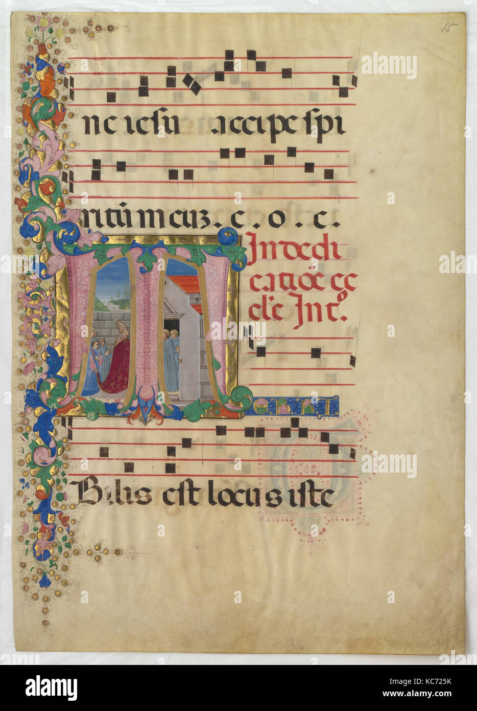 Manuscript Leaf with the Dedication of a Church in an Initial T, from a Gradual, Mariano del Buono, second half 15th century Stock Photo