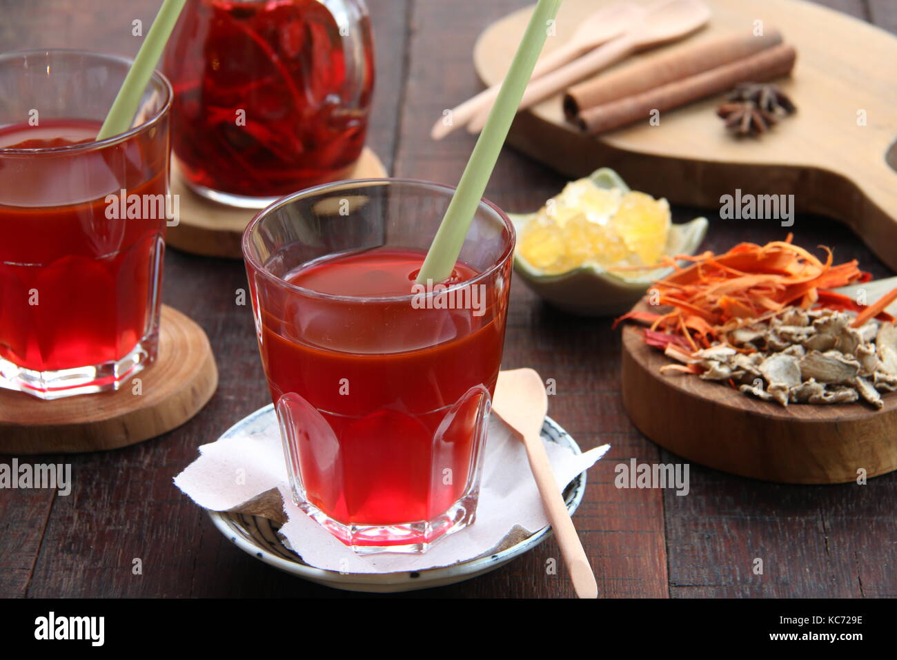 Wedang Secang. Traditional Javanese herbal concoction of secang bark and other spices from Yogyakarta. Stock Photo