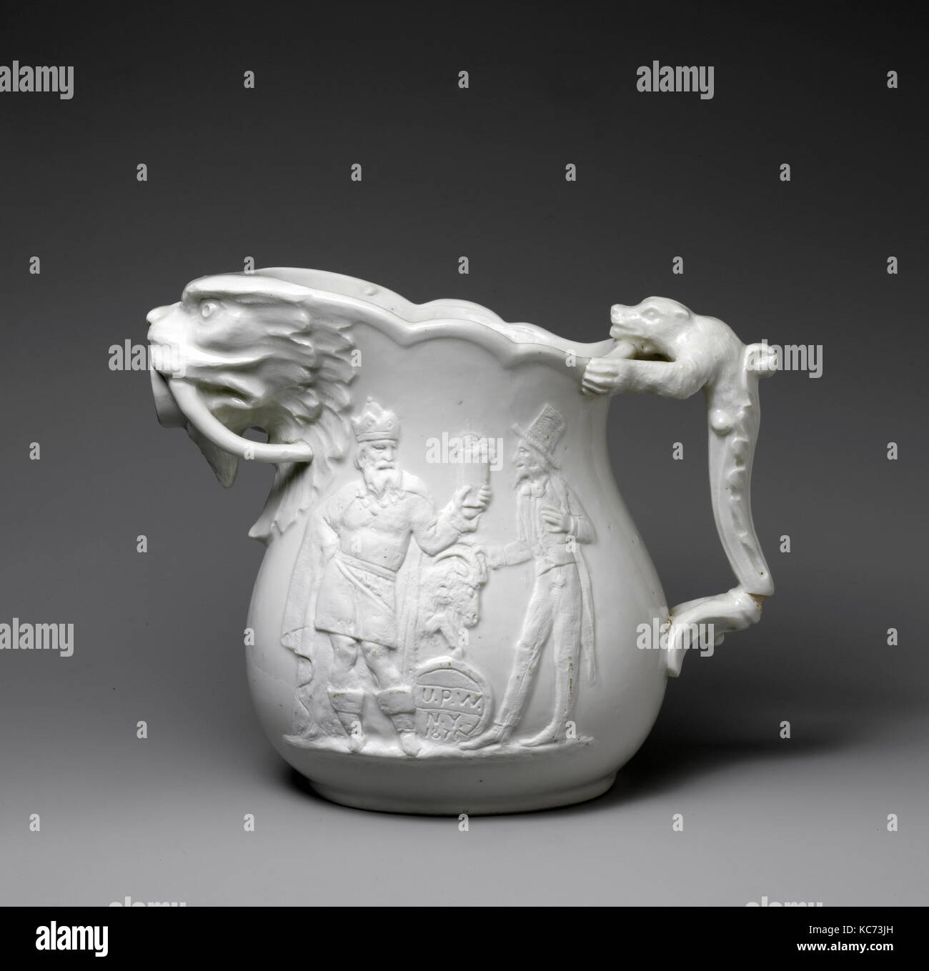 Pitcher, 1875, Made in Brooklyn, New York, United States, American, Porcelain, H. 9 1/4 in. (23.5 cm), Ceramics, Marked on the Stock Photo