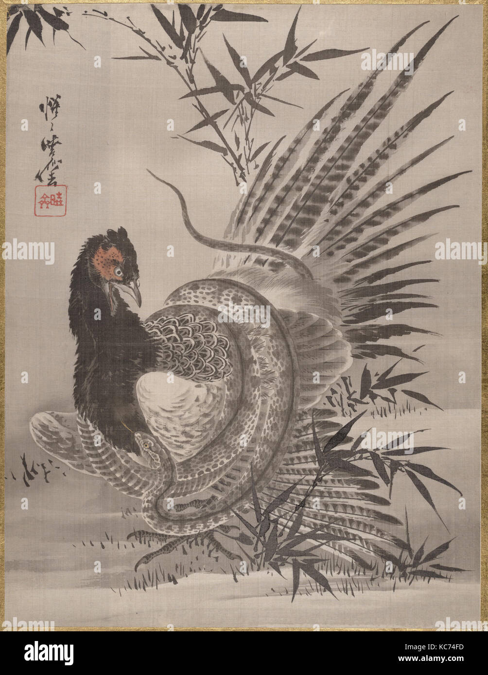 Pheasant Caught by a Snake, Kawanabe Kyōsai, ca. 1887 Stock Photo