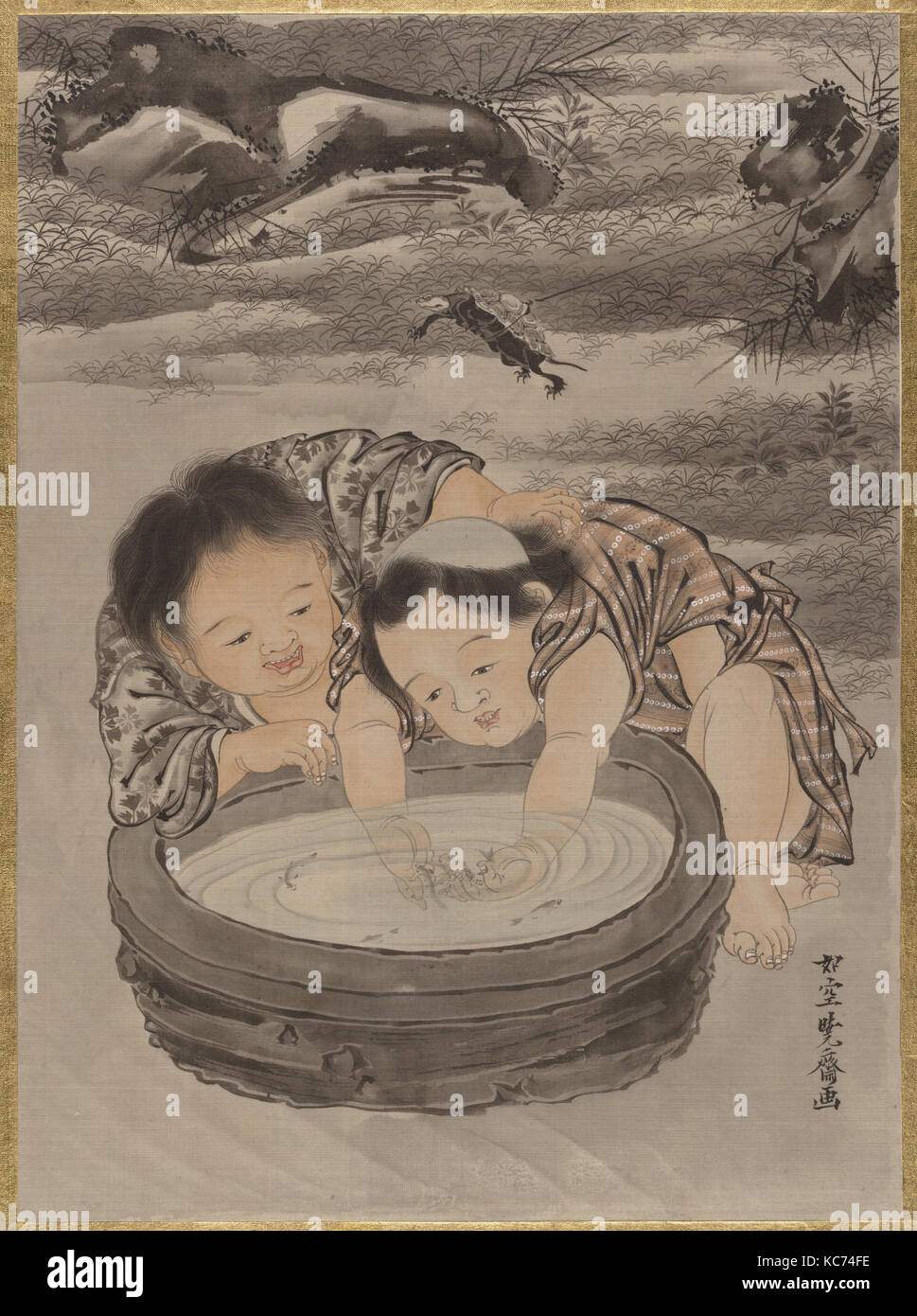 Two Children Playing with Goldfish, Kawanabe Kyōsai, ca. 1887 Stock Photo