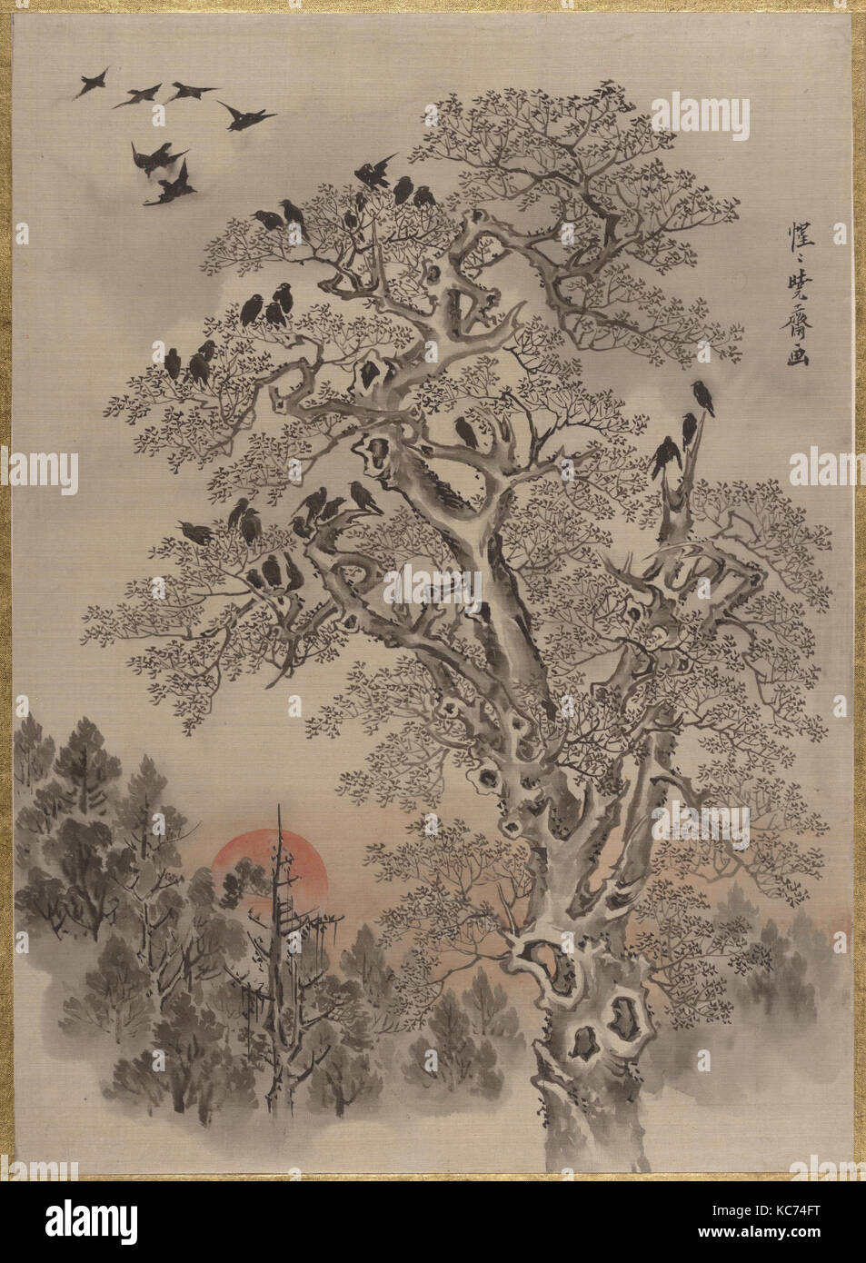 旭に群鴉図, Flock of Crows at Dawn, Kawanabe Kyōsai, ca. 1887 Stock Photo