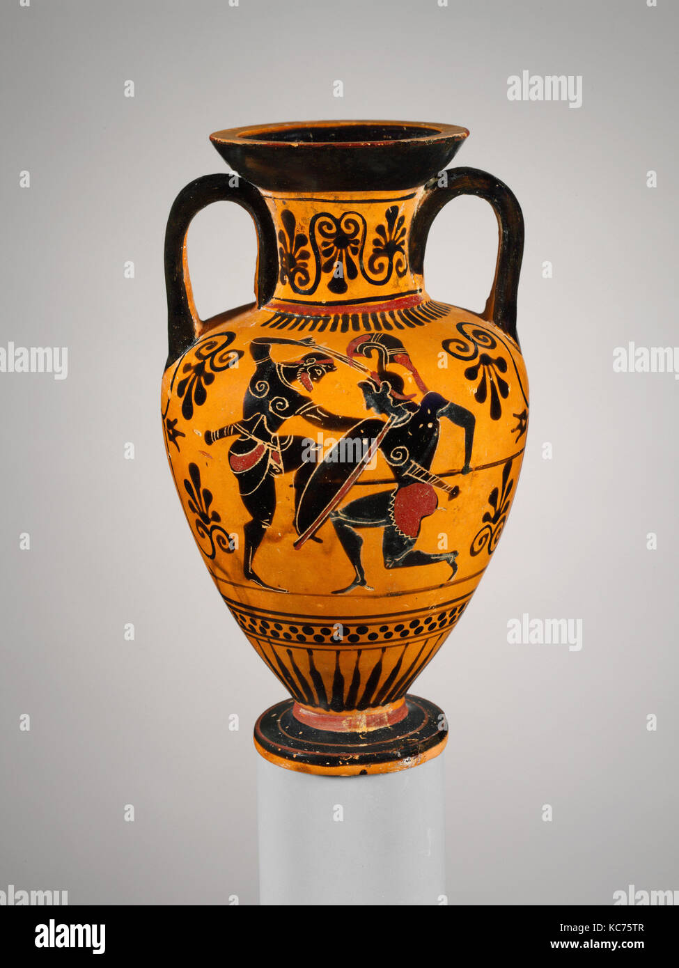 Terracotta neck-amphora (jar), Archaic, ca. 500 B.C., Greek, Attic, Terracotta; black-figure, H. 5 3/4 in. (14.6 cm.), Vases Stock Photo