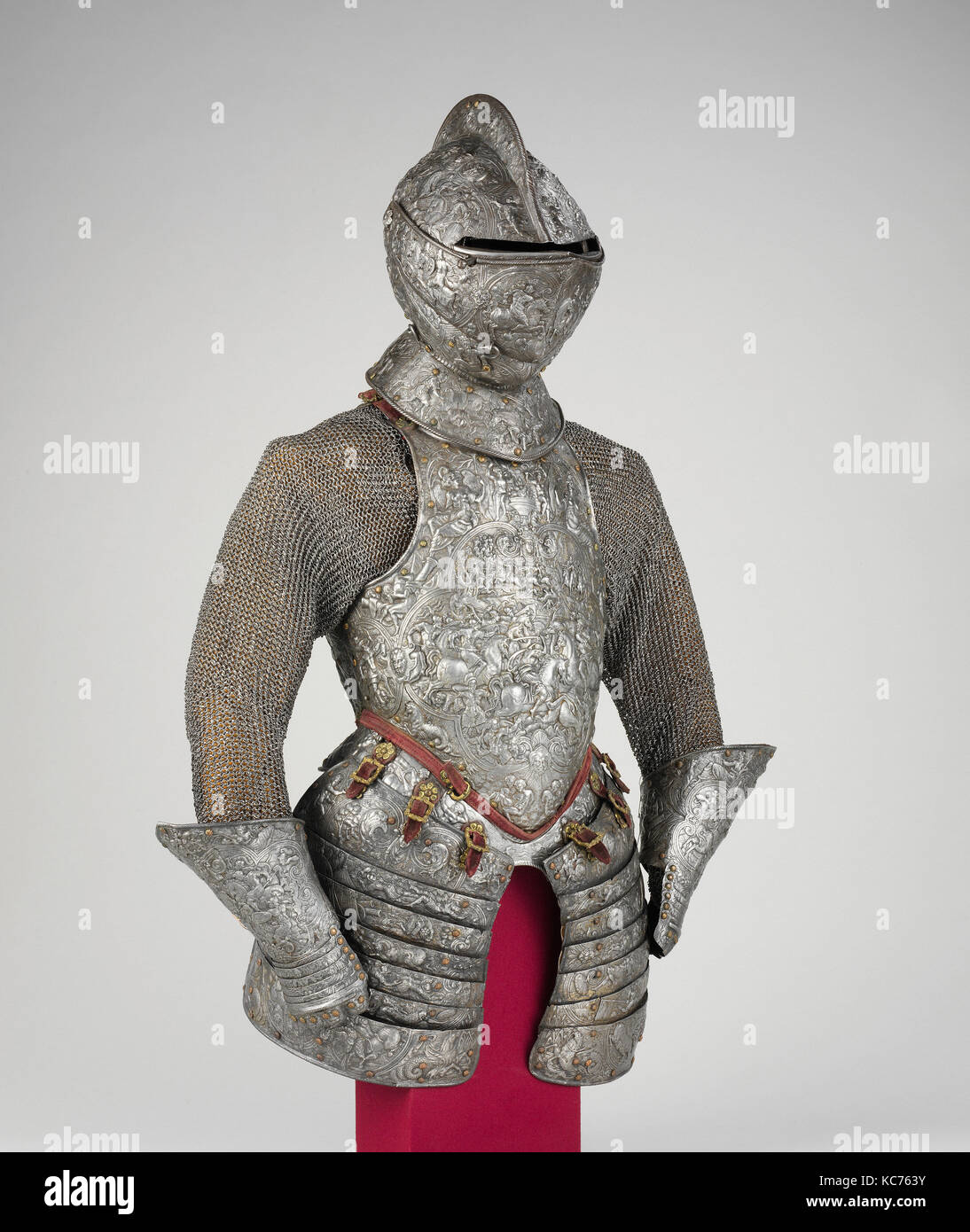 Portions of a Ceremonial Armor, ca. 1575–80, French, Steel, copper alloy, gold, leather, textile, Wt.. Overall 17 lb. 7 oz. (791 Stock Photo