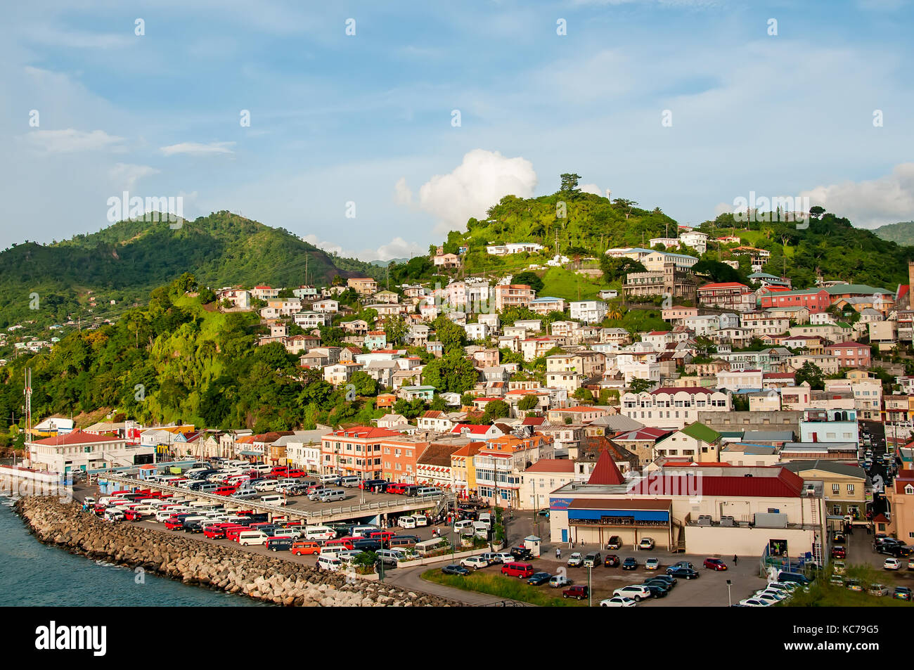 Above looking down on Melville Street near St. George's cruise terminal Grenada, Stock Photo