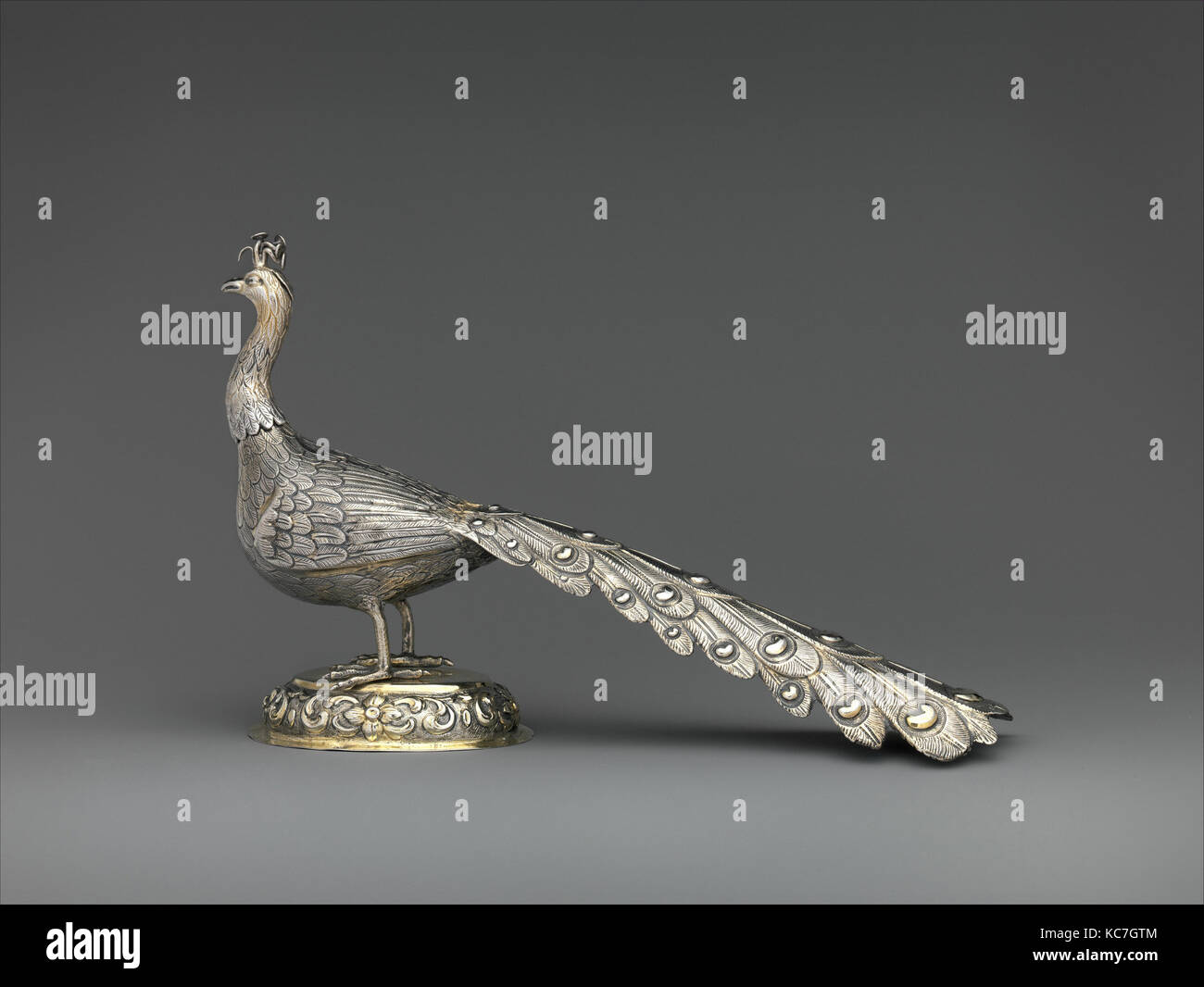 Table decoration in the form of a peacock, 1787, Hungarian, Munkács, Silver, partly gilded, Overall: 7 3/16 x 12 in. (18.3 x 30 Stock Photo