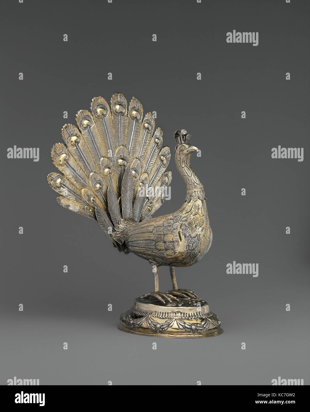 Table decoration in the form of a peacock, 1787, Hungarian, Munkács, Silver, partly gilded, Overall: 8 9/16 x 2 13/16 in. (21.8 Stock Photo
