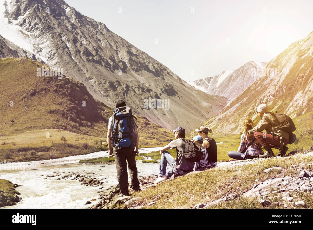 Big group of people travel expedition mountains Stock Photo Alamy