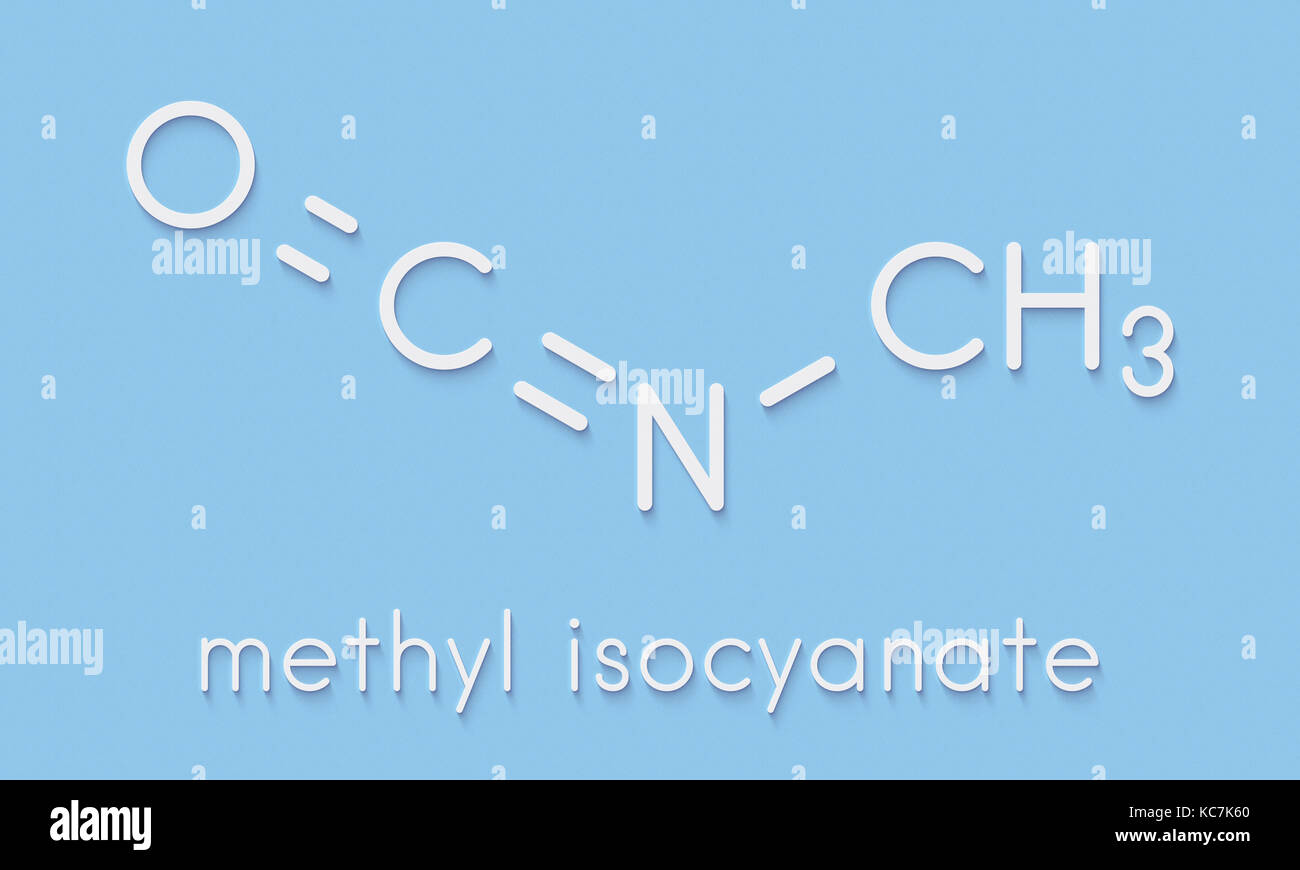 Methyl isocyanate (MIC) toxic molecule. Important chemical that was responsible for thousands of deaths in the Bhopal disaster. Skeletal formula. Stock Photo