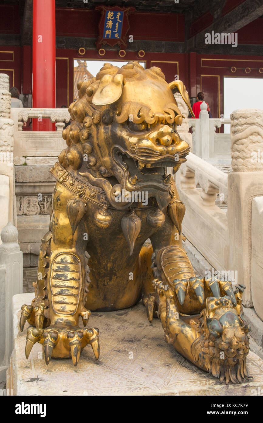 Golden Lion at Hall of Preserving Harmony in Forbidden City, Beijing, China Stock Photo