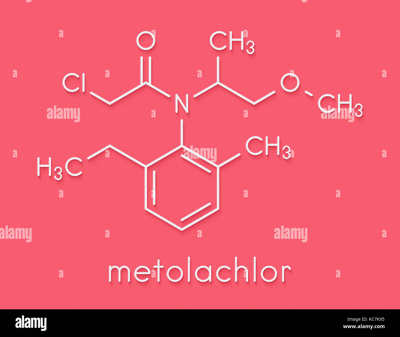 Metolachlor herbicide (weed killer) molecule. Skeletal formula Stock