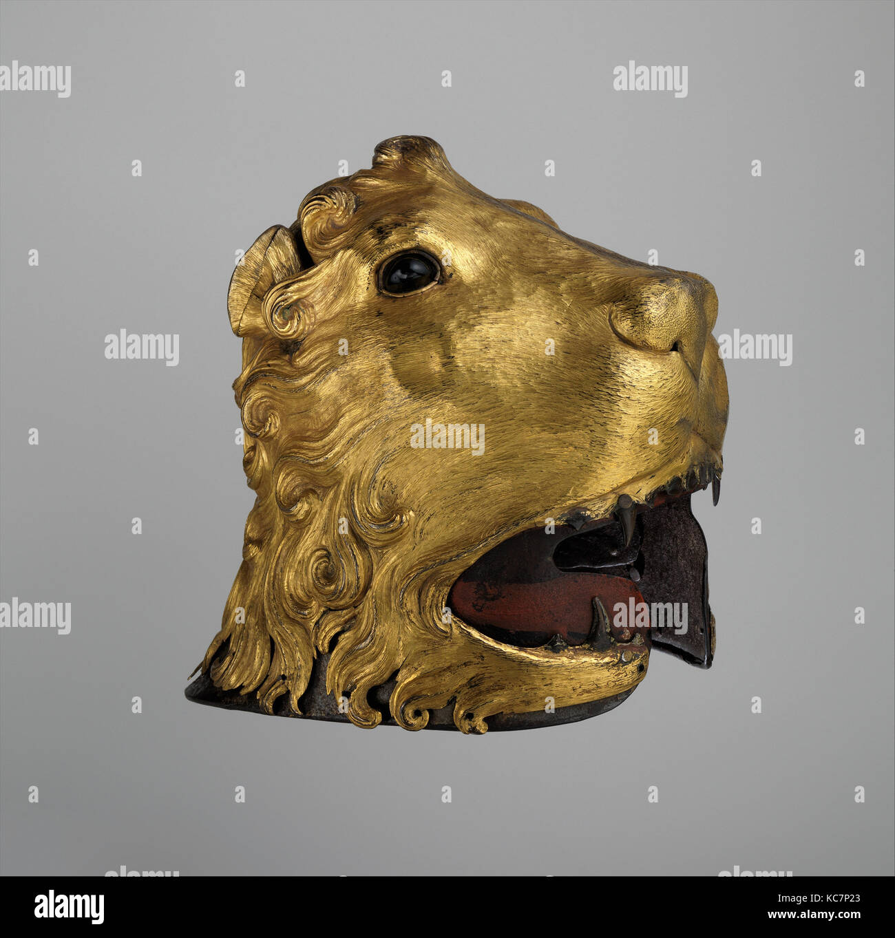 Sallet in the Shape of a Lion's Head, ca. 1475–80, Italian, Steel, copper, gold, glass, pigment, textile, H. 11 3/4 in. (29.8 Stock Photo