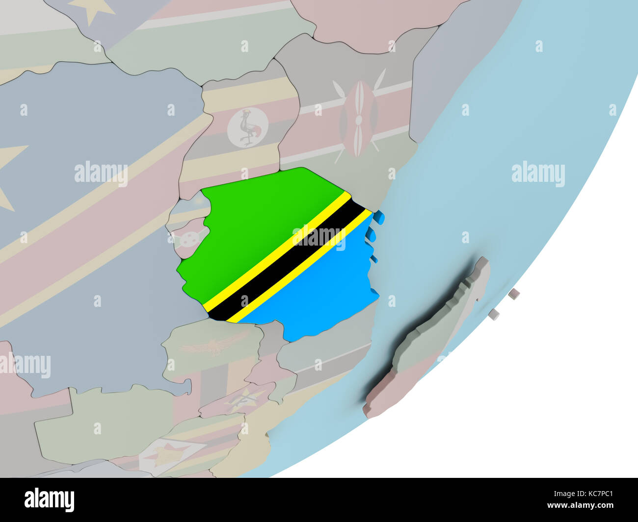 3D render of Tanzania on political globe with embedded flag. 3D ...