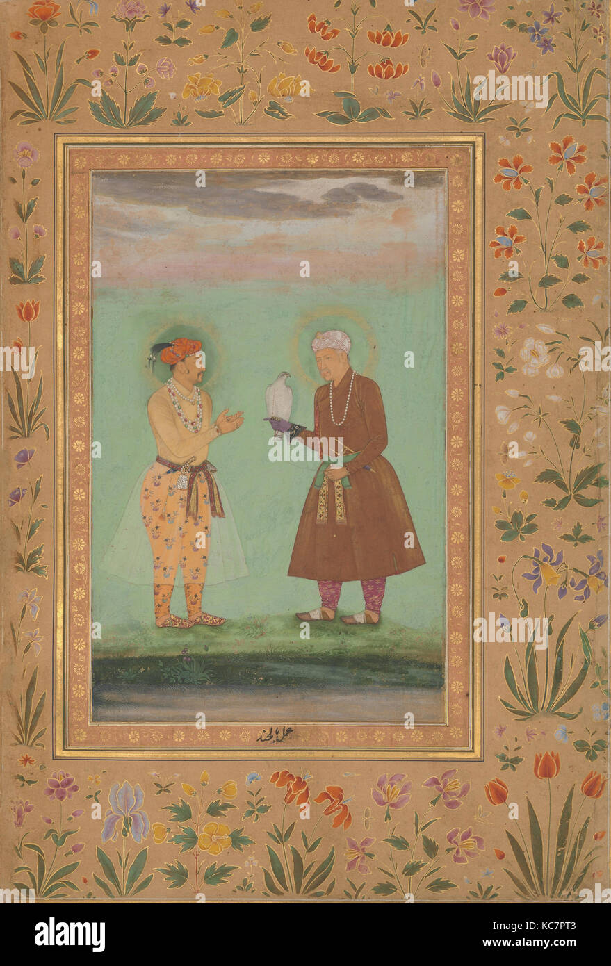 'Jahangir and his Father, Akbar', Folio from the Shah Jahan Album, Painting by Balachand, verso: ca. 1630; recto: ca.1540–50 Stock Photo