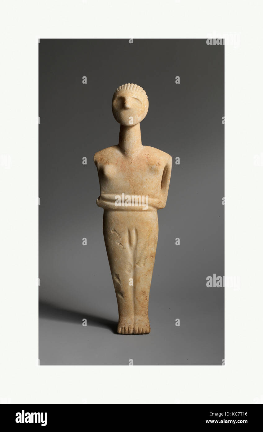 Marble male figure, Early Cycladic II, 2400–2300 B.C. or later, Cycladic, Marble, H. 14 1/8 in. (35.9 cm), Stone Sculpture Stock Photo