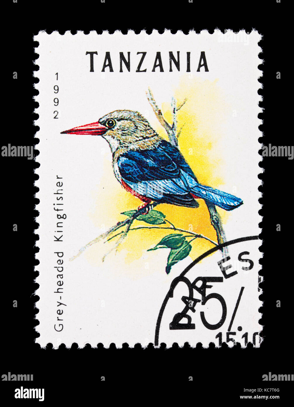 Postage stamp from Tanzania depicting a grey-headed kingfisher (Halcyon leucocephala) Stock Photo