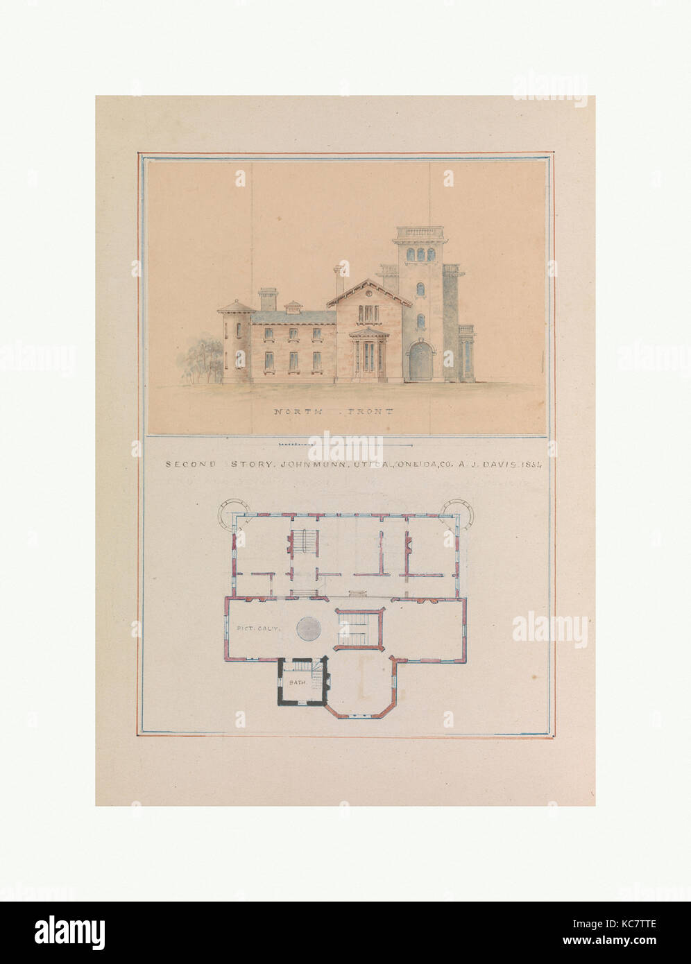 North Front and Second Floor Plan of John Munn House, Utica, New York, Alexander Jackson Davis, 1854 Stock Photo