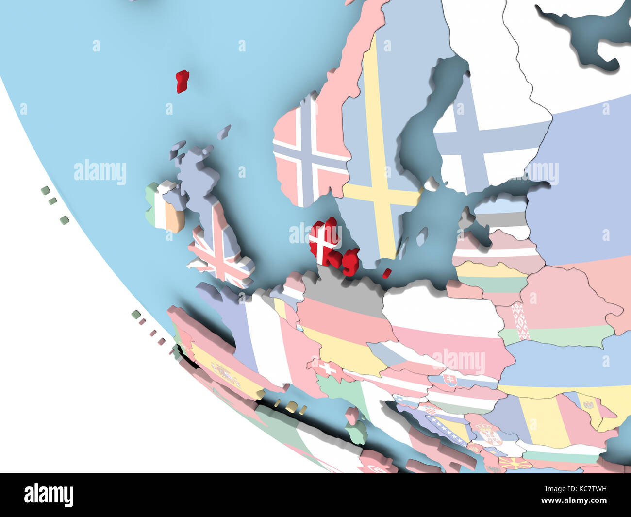 Denmark on bright political globe with embedded flag. 3D illustration ...