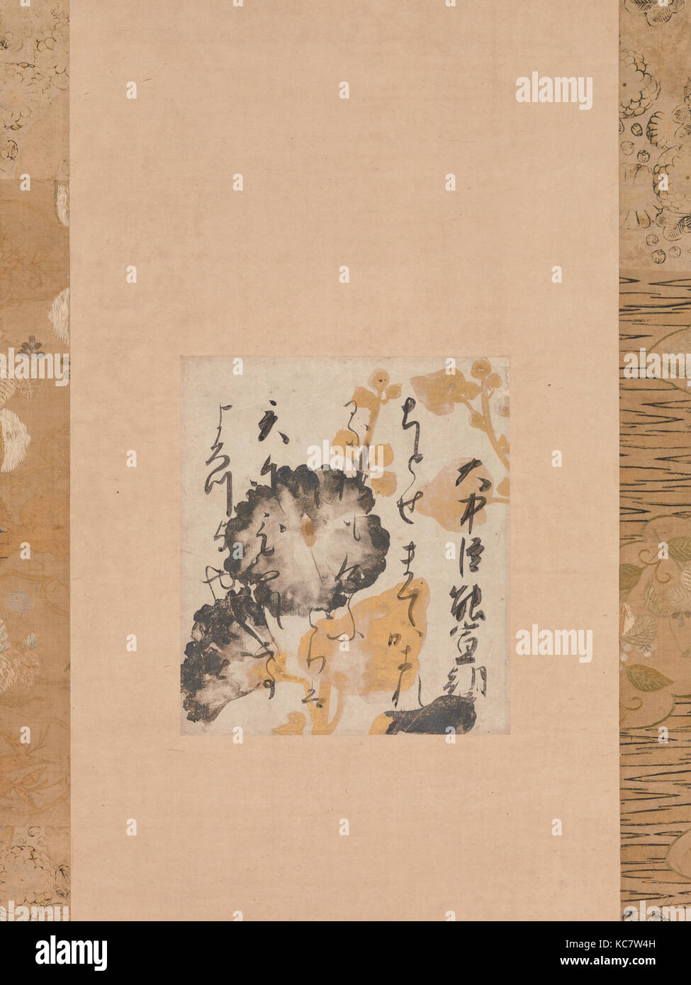 松花堂昭乗書・伝俵屋宗達下絵　立葵下絵和歌色紙　藤原興風, Underpainting attributed to Tawaraya Sōtatsu, early 17th century Stock Photo