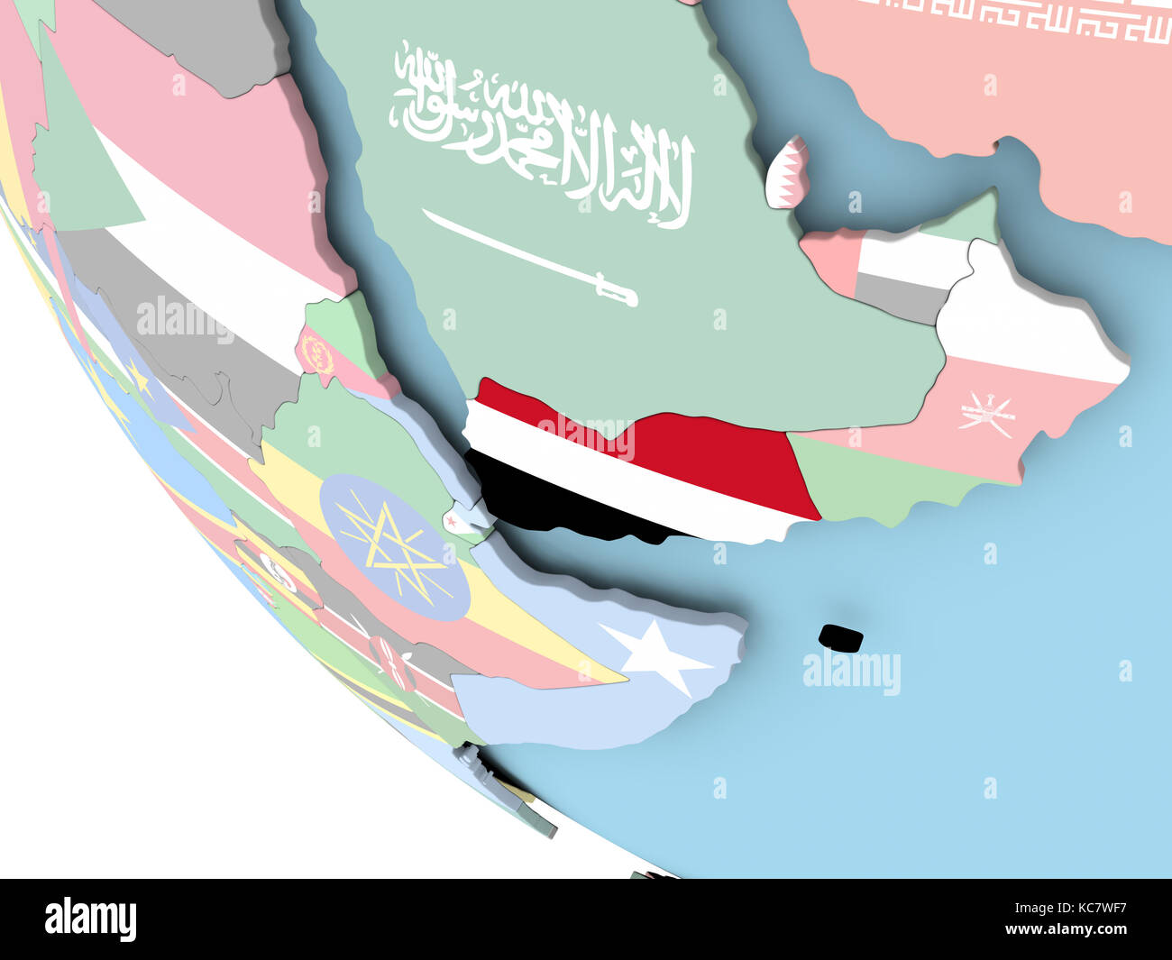 Yemen on bright political globe with embedded flag. 3D illustration ...