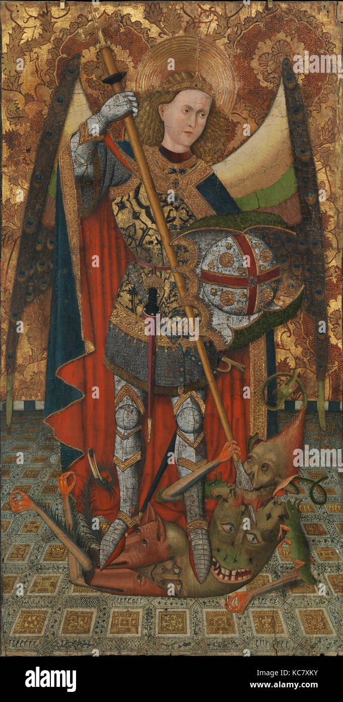 Saint Michael, 1450–1500, North Spanish, Tempera and oil on wood, Overall: 85 1/2 x 47 in. (217.2 x 119.4 cm), Paintings-Panels Stock Photo