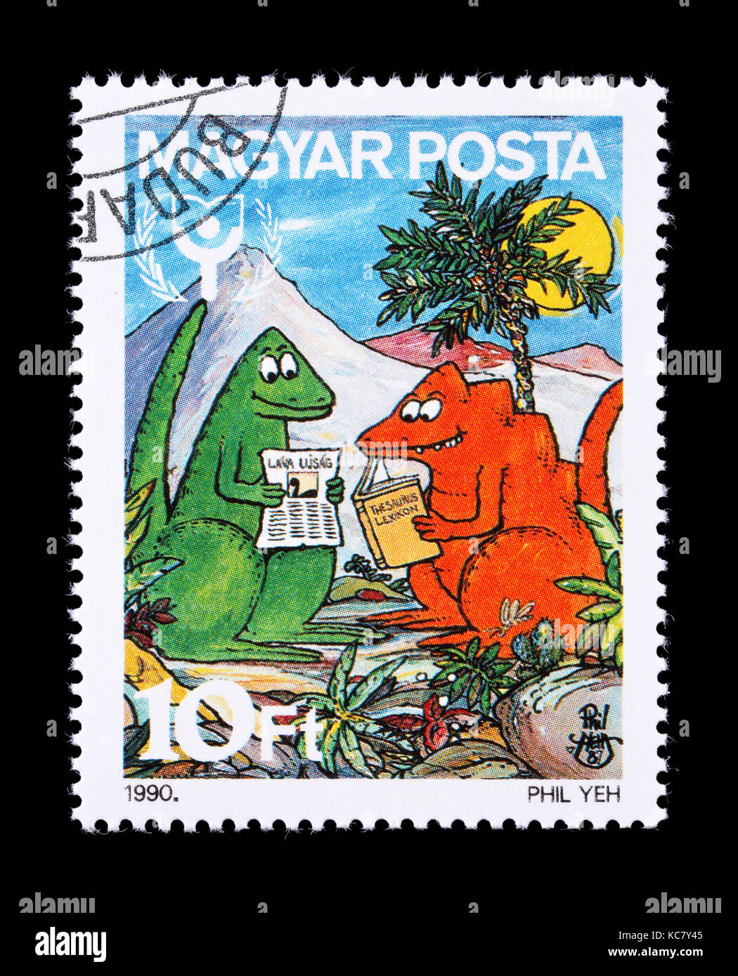 Postage stamp from Hungary depicting dinosaurs reading, International Literacy Year. Stock Photo