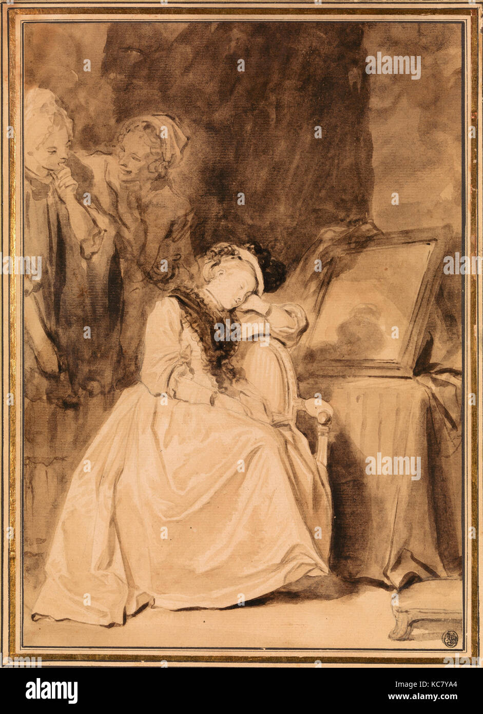 The Dreamer, late 1770s, Pencil and sepia wash, 12 1/8 x 8 1/2 in. (30.8 x 21.6 cm), Drawings, Jean Honoré Fragonard (French Stock Photo